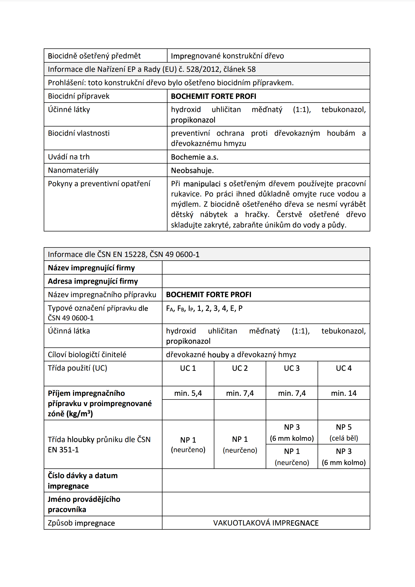 Dřevo s tlakovou impregnací pro odolnost vůči hnilobě a hmyzu, vhodné pro venkovní použití.