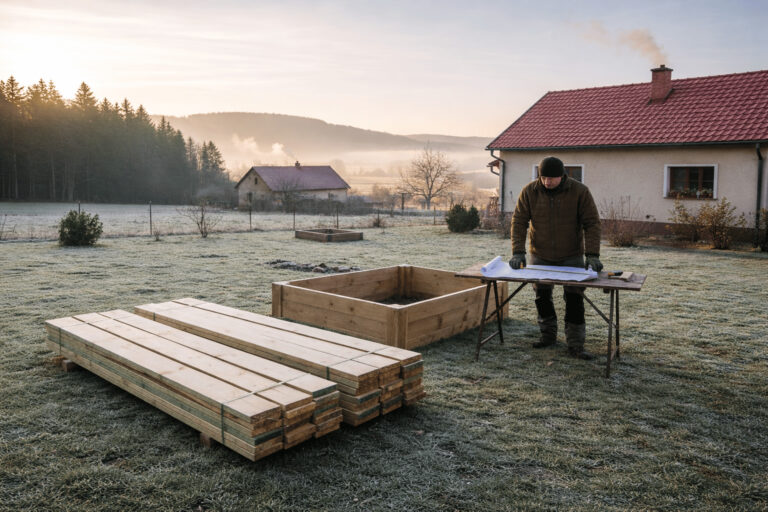 Pergola ze dřeva s tlakovou impregnací připravená k montáži.