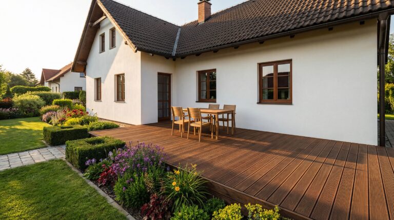Dřevo s tlakovou impregnací pro venkovní terasy, odolné vůči povětrnostním vlivům a dlouhodobé životnosti.