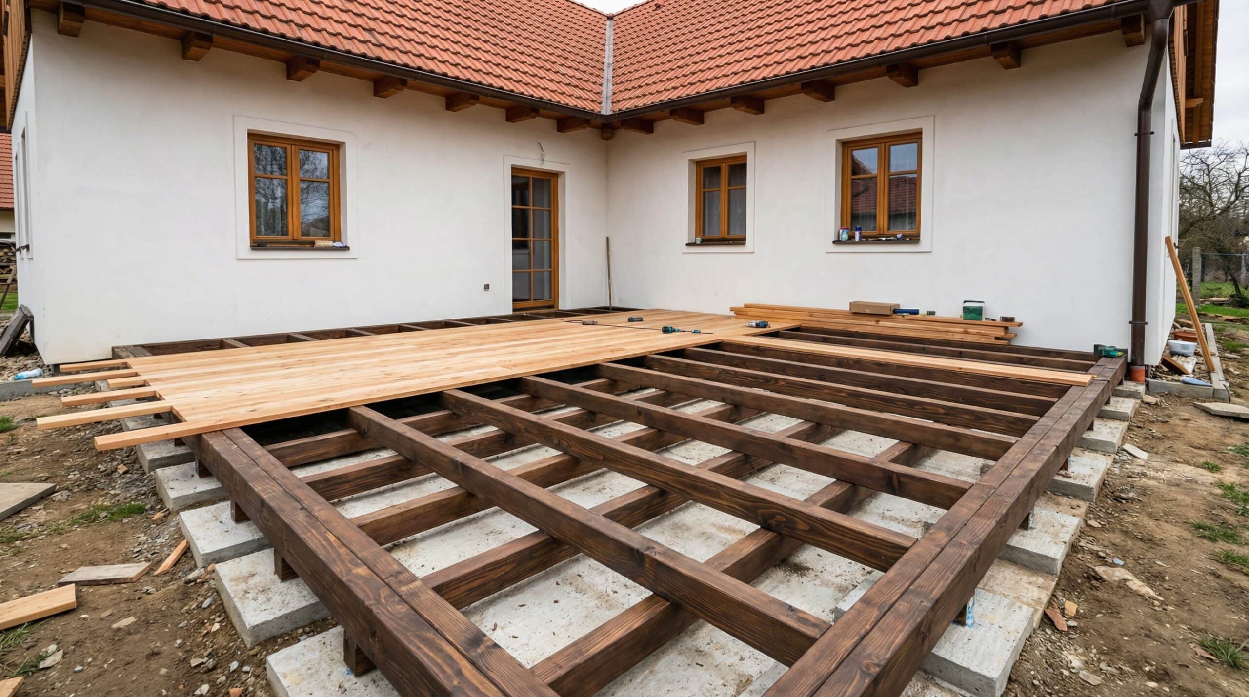 Spodní nosná konstrukce dřevěné terasy z impregnovaných podkladových hranolů před pokládkou prken